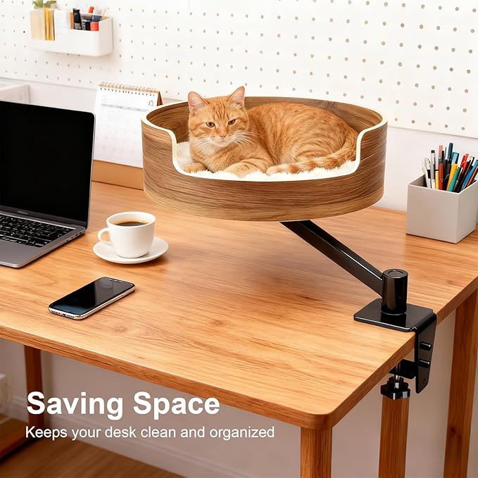 Space-Saving Cat Bed for Desk, Elevated Resting Spot for Home Office, Mounted Design for Small Apartments, Comfortable & Stable，Walnut Wood Finish