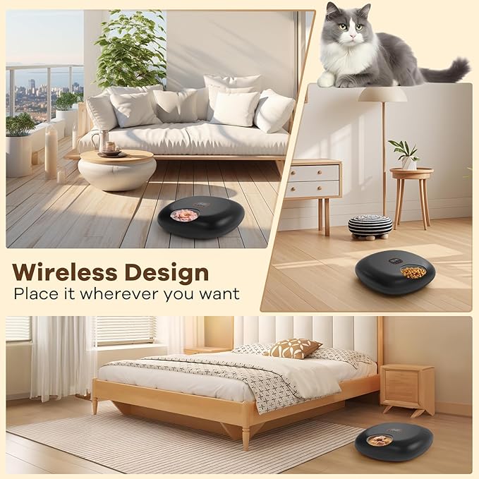 Automatic Cat Feeder Wireless, Sharper Image Auto Cat Food Dispenser for Wet Food with 2 Ice Packs, Rechargeable Auto Feeder for Cats with Programmable Timer Low Battery Indicator, Black