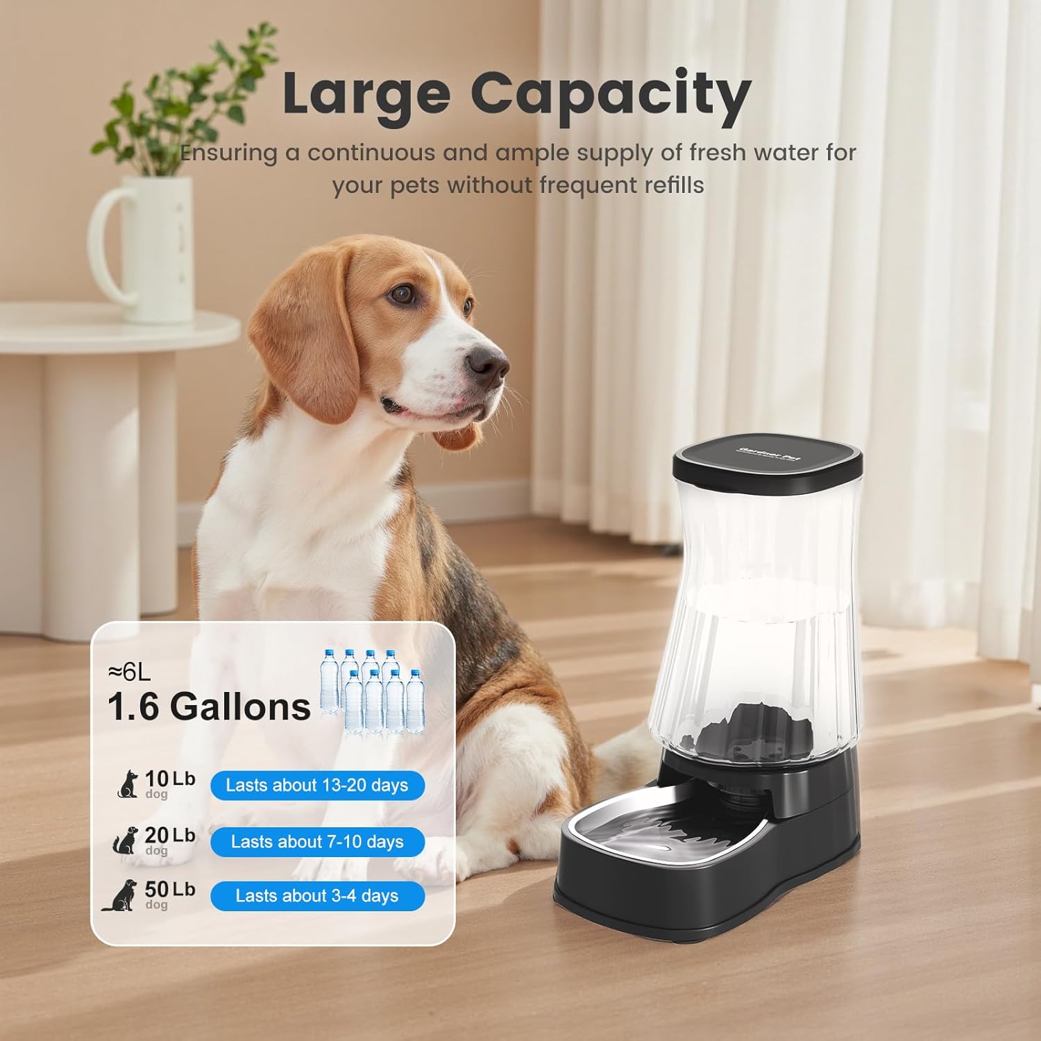 Gardner Pet Automatic Gravity Water Dispenser for Dogs, 1.6Gallon Large Dog Water Bowl Dispenser with Stainless Steel, 100% BPA-Free Pet Water Fountain with Filter for Dogs, Cats, Puppies(Black)