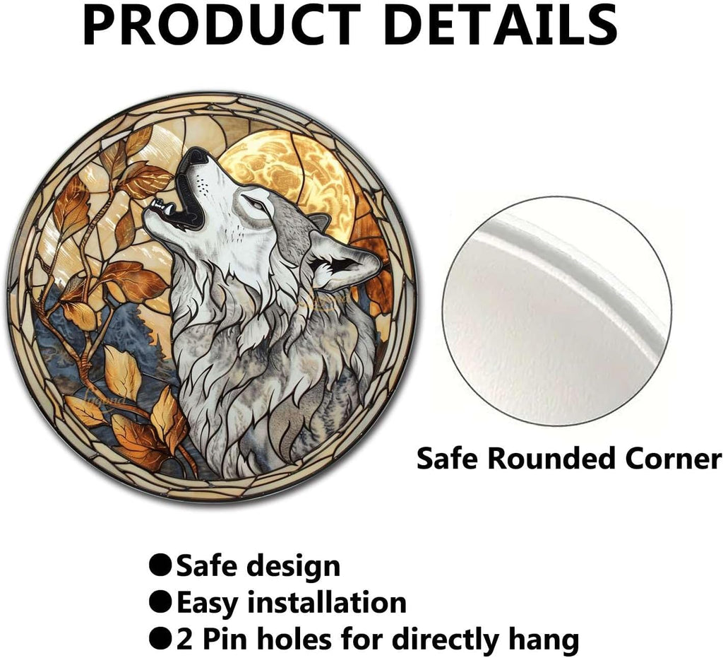 Lygond Metal Sign Tin Sign Circular Stained Glass Gray Wolf Bathroom Signs for Home for Club 12×12 Inches