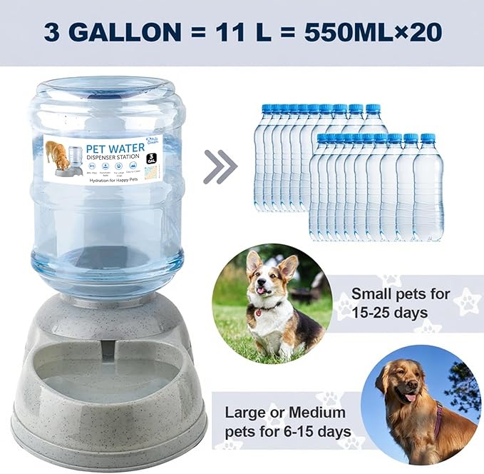 Water Dispenser Station for Large Dogs and Cats, 3 Gallon Large Capacity Gravity Automatic Water Feeder, Indoor Outdoor Dog Drinking Fountain, Dog Water Bowl for Multiple Pets, BPA Free