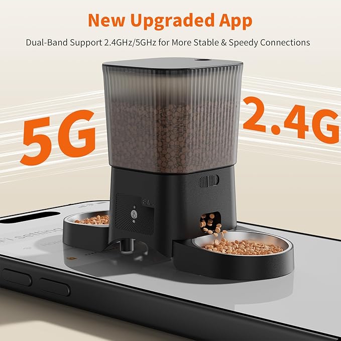 HoneyGuaridan Automatic Cat Feeder with 2.4G/5G WiFi,3.5L Cat Food Dispenser with APP Control – Includes 2 Stainless Steel Bowls & 2 Slow Feeder Anti-Choking Bowls, Four Anti-Slip Feet Black