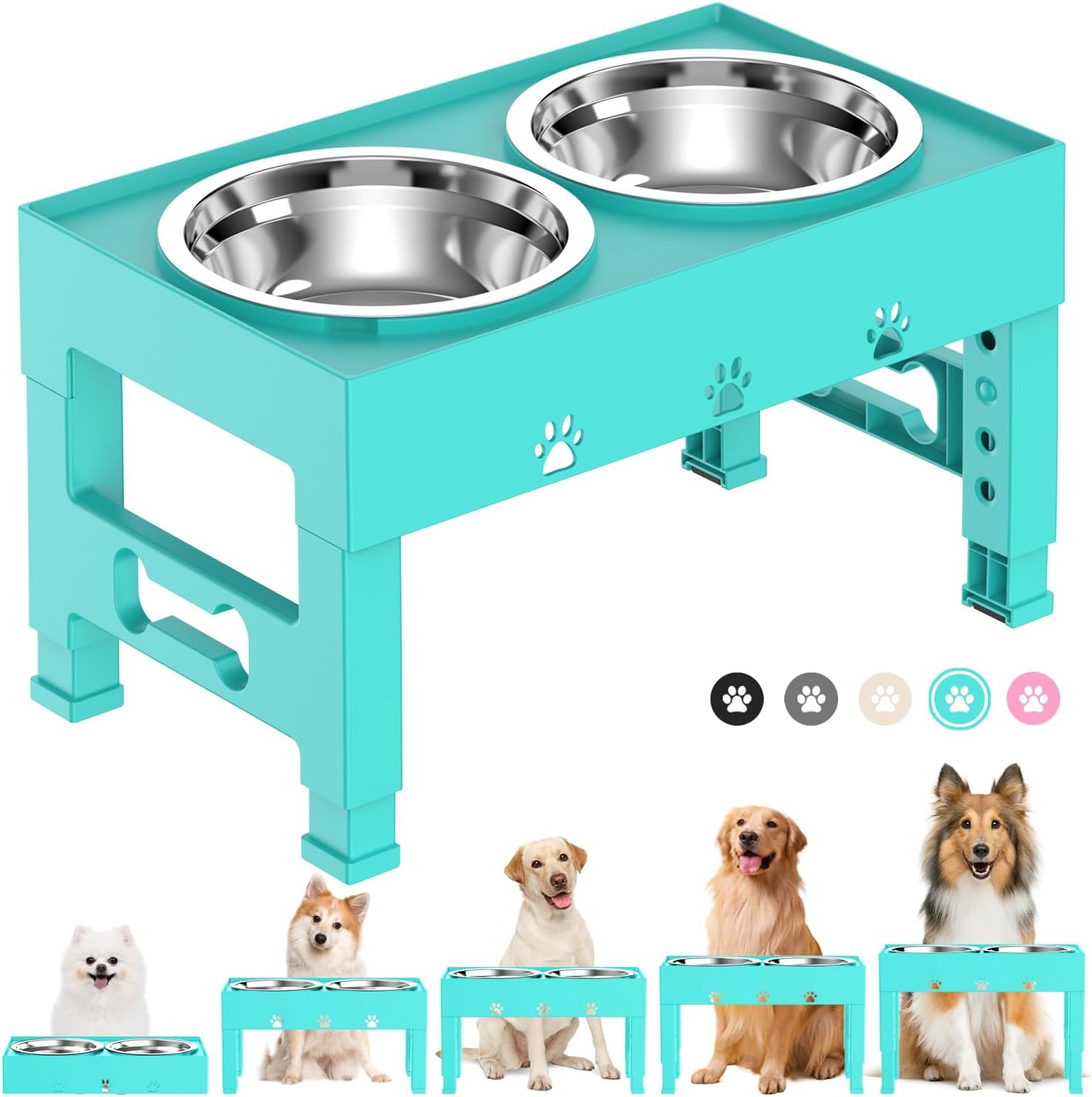 Elevated Dog Bowls with 2 Stainless Steel Bowls, Raised Dog Food Bowl Stand 5 Height Adjustable (3.1", 9", 10", 11", 12") Non-Slip Feeder Set for Medium and Large Dogs - Turquoise