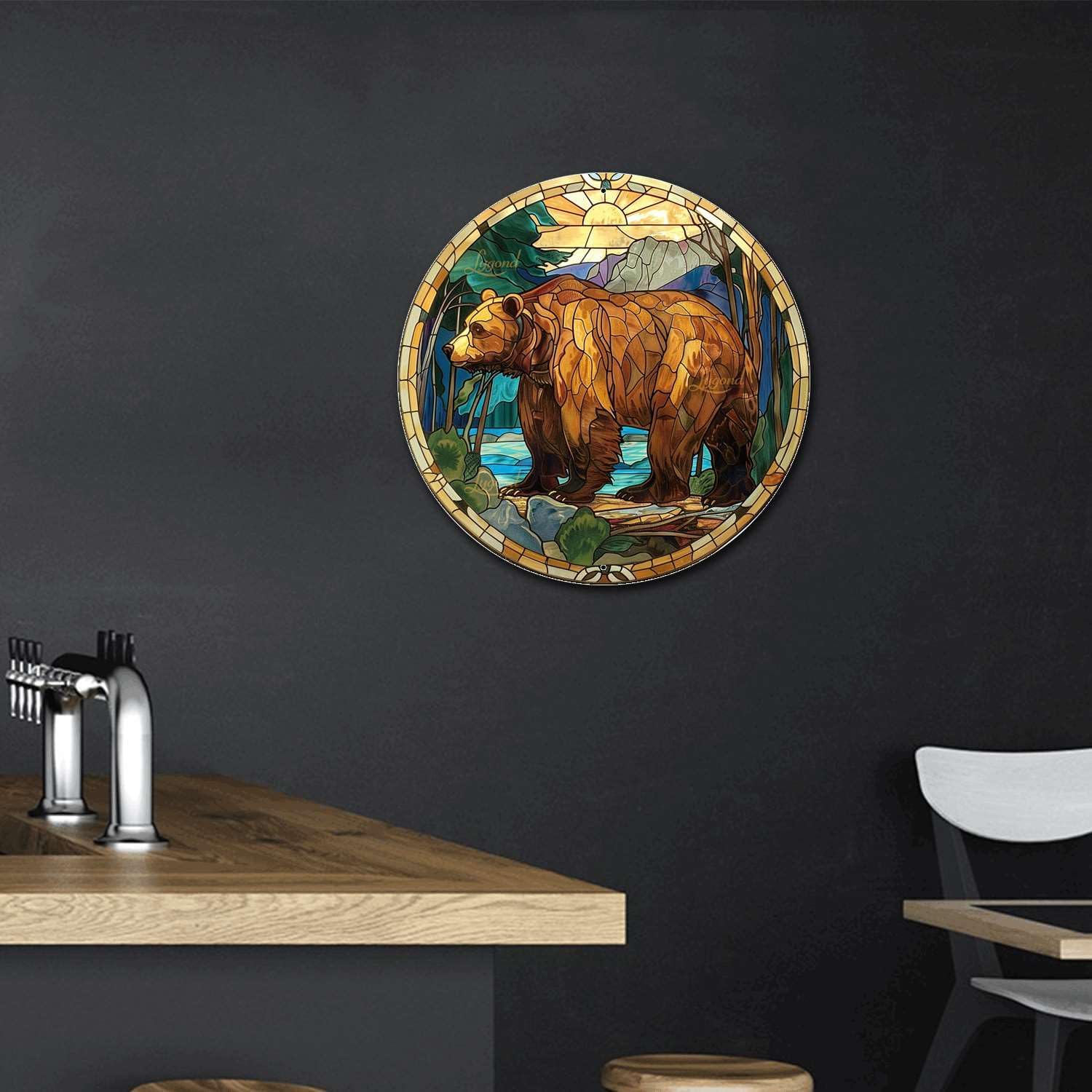 Lygond Metal Sign Tin Sign Circular Stained Glass Bear Home Decor for Patio 12×12 Inches