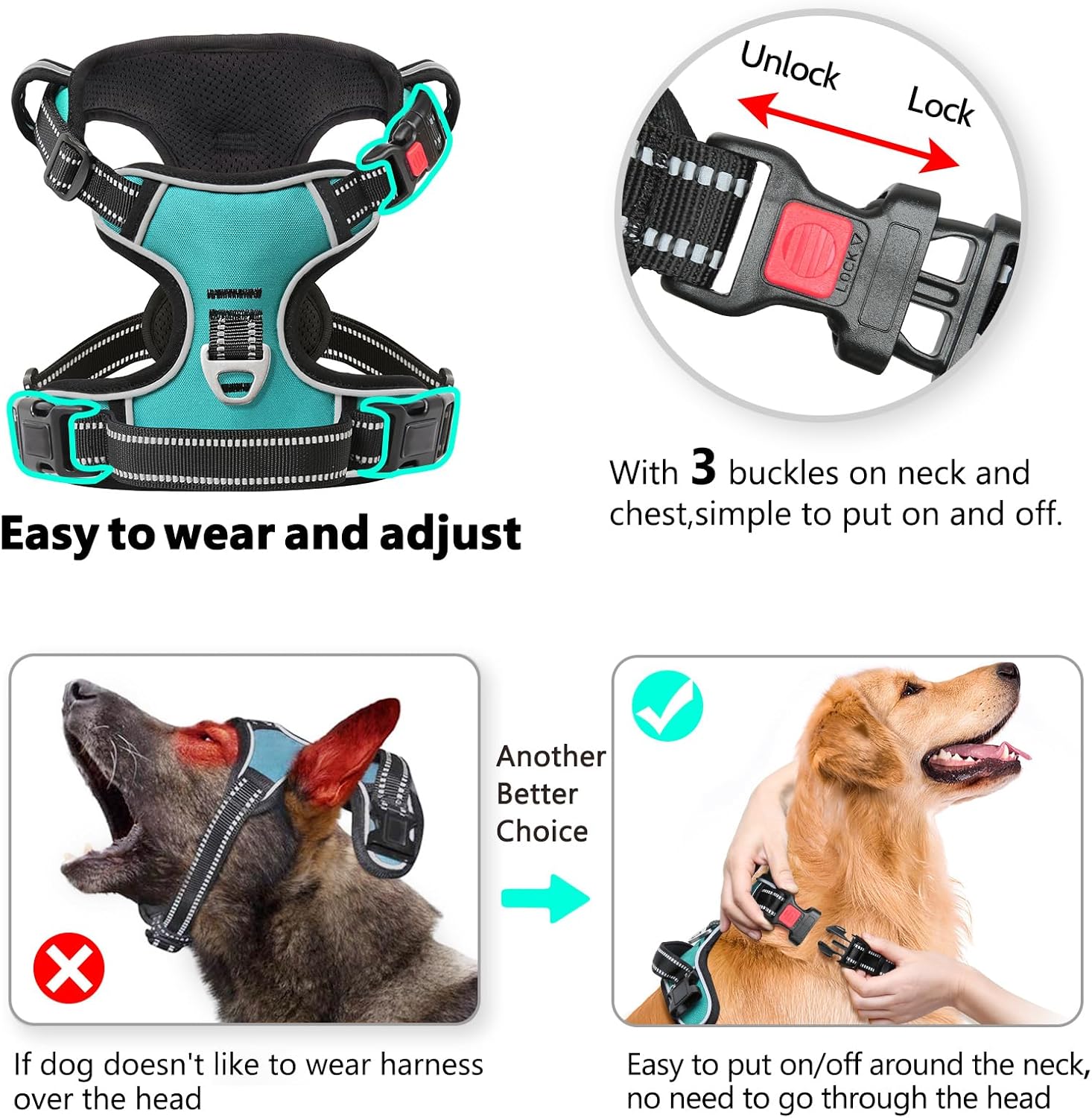 Timos No Pull Dog Harness,NO Need Go Over Dogs Head 3 Snap Buckles Reflective Oxford No Choke Puppy Harness with Front & Back 2 Metal Leash Clips Soft Padded Vest Harnesses for Small Medium Large Dogs