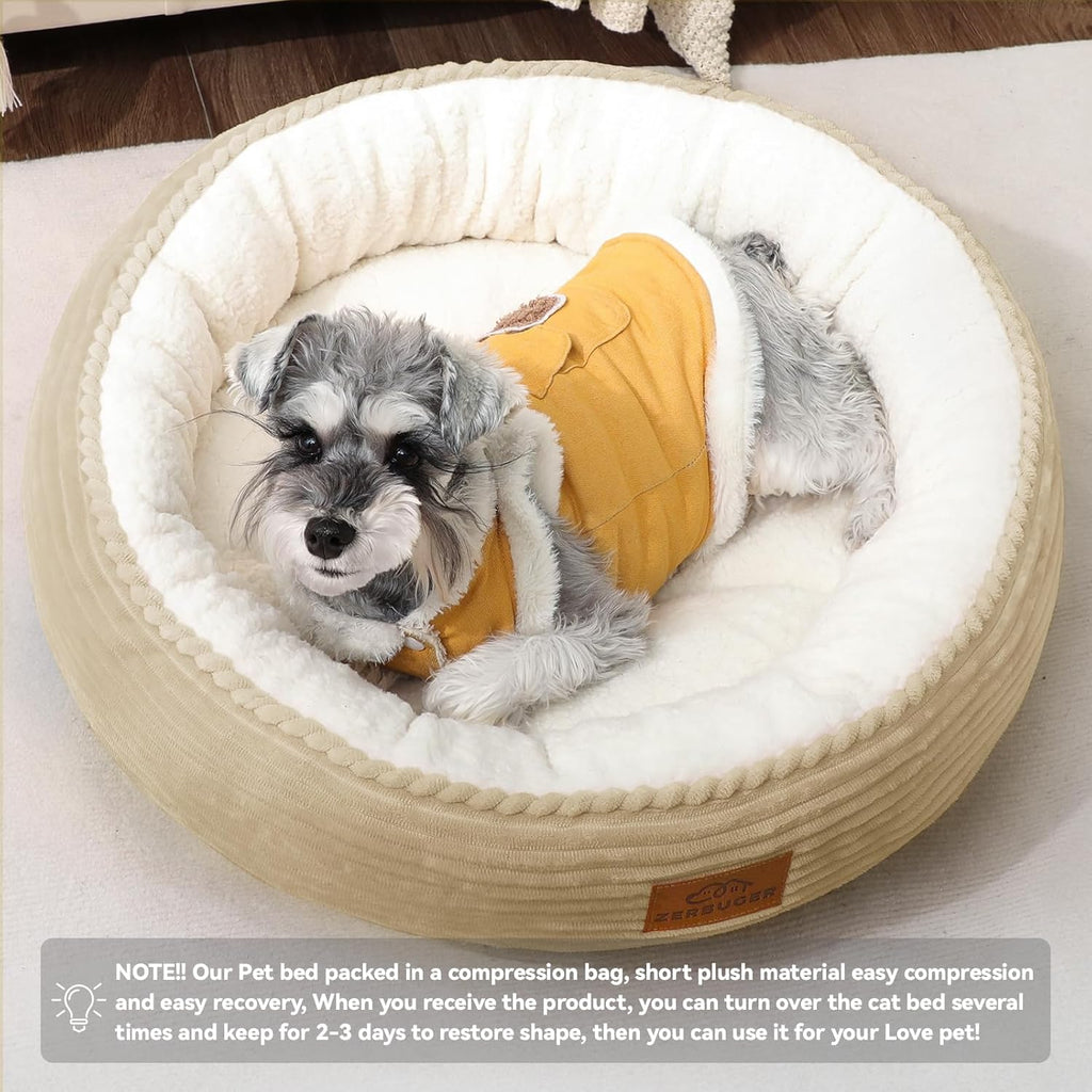 Cat Bed, 20In Dog Beds for Small Dogs, Calming Cat & Dog Beds for Indoor Pets, Pet Beds Comfortable Donut Round Ultra Soft (Camel, 23" L x 23" W x 6.5" Th)