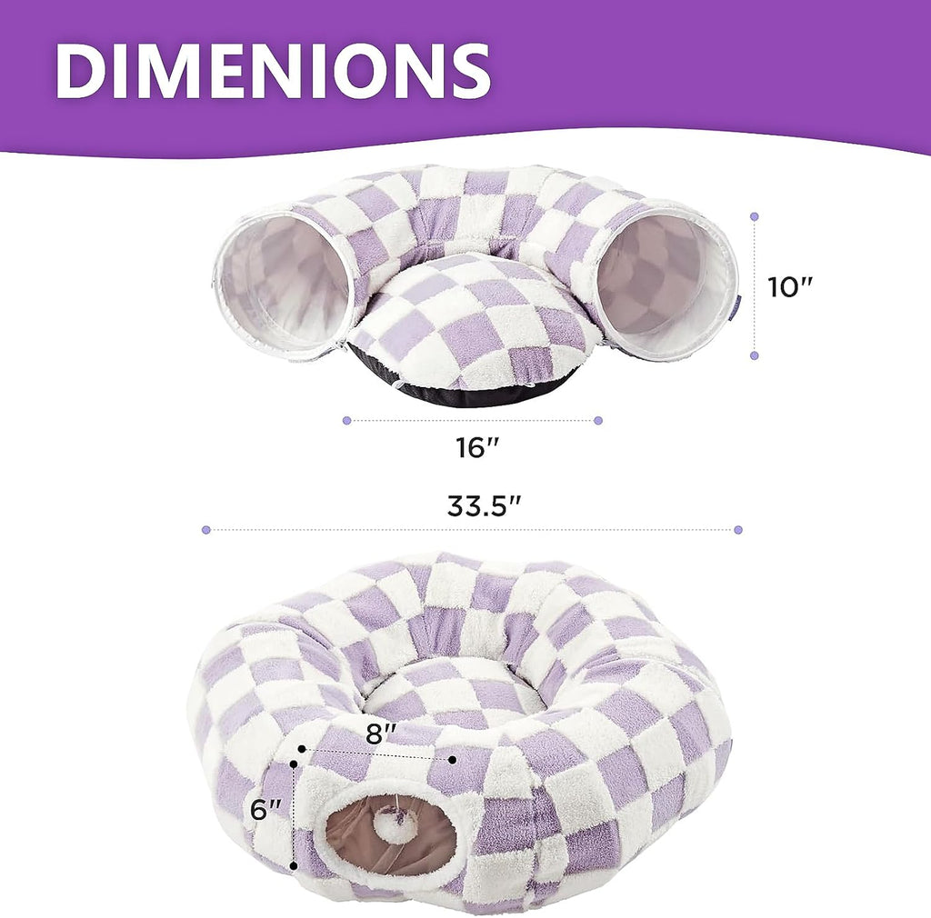 Cat Tunnel Bed with Washable Cushion for Indoor Cat, Donut Cave Tube Toys for Kitten Puppy Rabbit, Purple