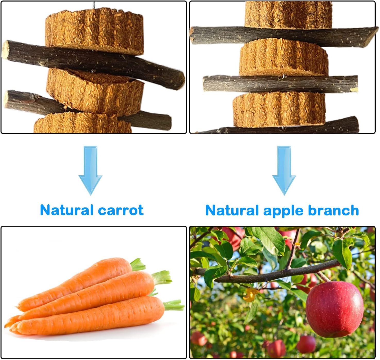 kathson Natural Small Animal Chew Toys for Teeth,4 PCS Rabbit Hanging Chewing Treats with Natural Organic Apple Stick Timothy Grass Carrot Cake for Hamsters Squirrel Guinea Pig Rabbits
