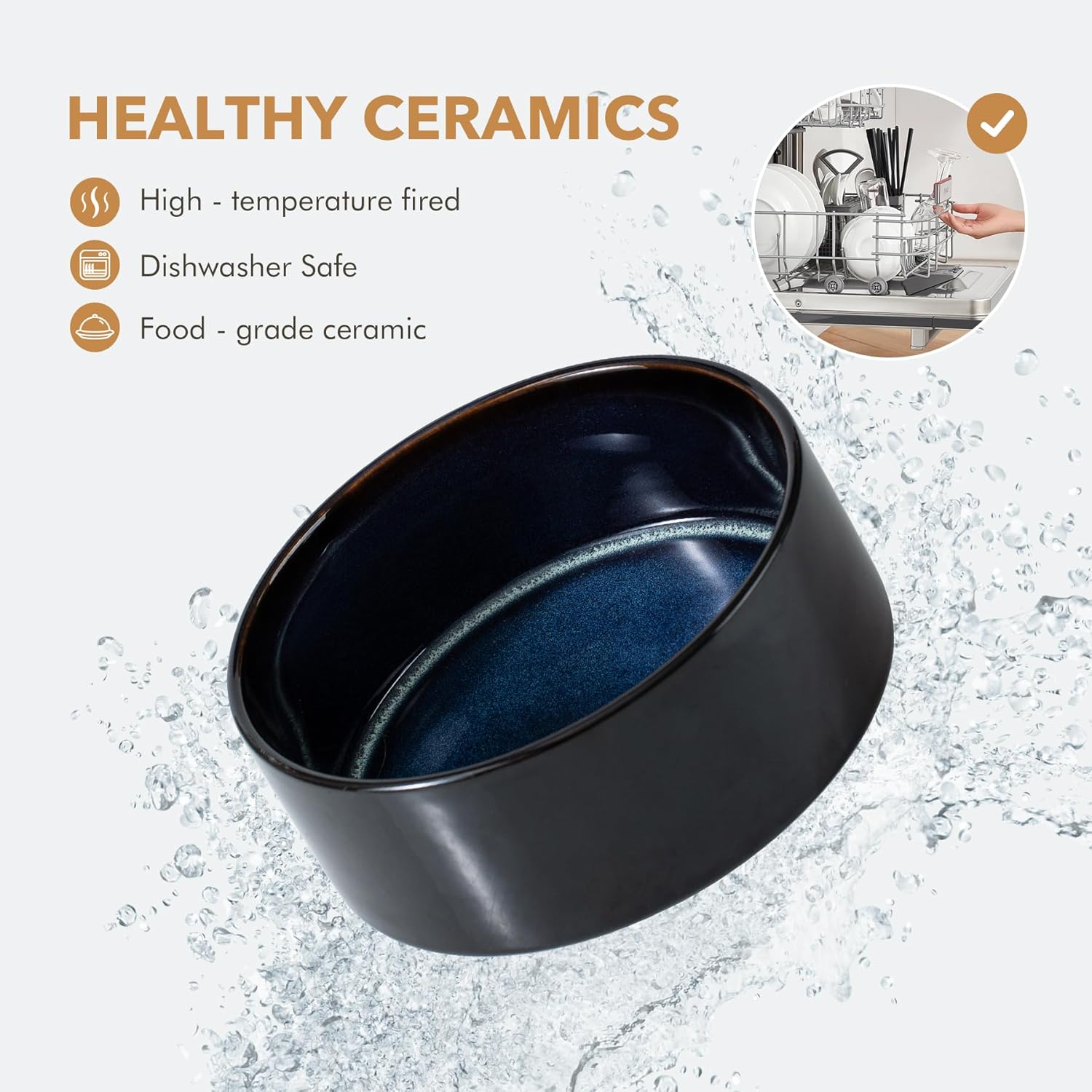 Ceramic 7.3inch Raised Dog Bowl Set, Elevated with Acacia Wood Stand, Food and Water Bowl for Medium Breed Dogs, Weighted Pet Dishes(41oz, Starry Sky)