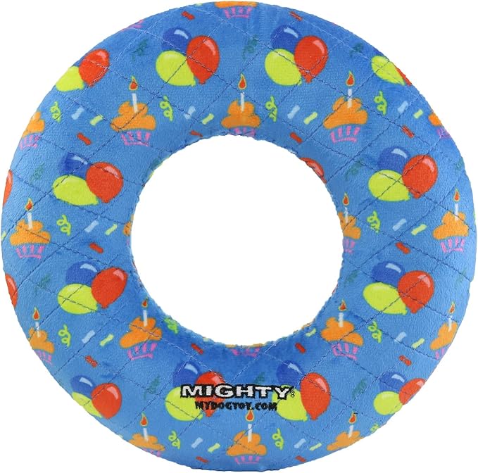 MIGHTY- NO Stuff Ring - Squeaky Plastic Core. 2-in-1 Toy. Made Durable, Strong & Tough. Interactive Play (Tug, Toss & Fetch). It Floats (Celebration, Large)