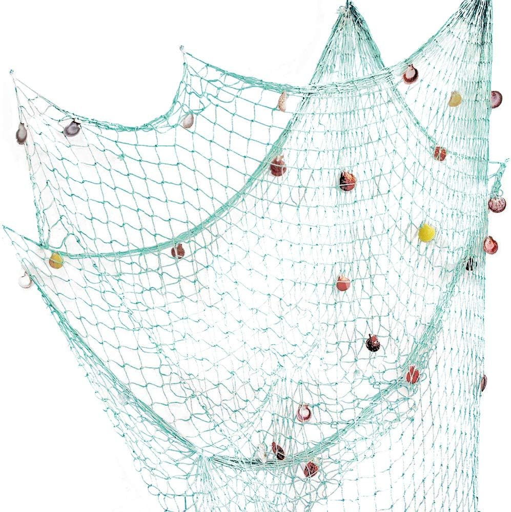 Rosoz Nature Fish Net Wall Decoration with Shells, Ocean Themed Wall Hangings Fishing Net Party Decor for Pirate Party,Wedding,Photographing Decoration (Aqua)