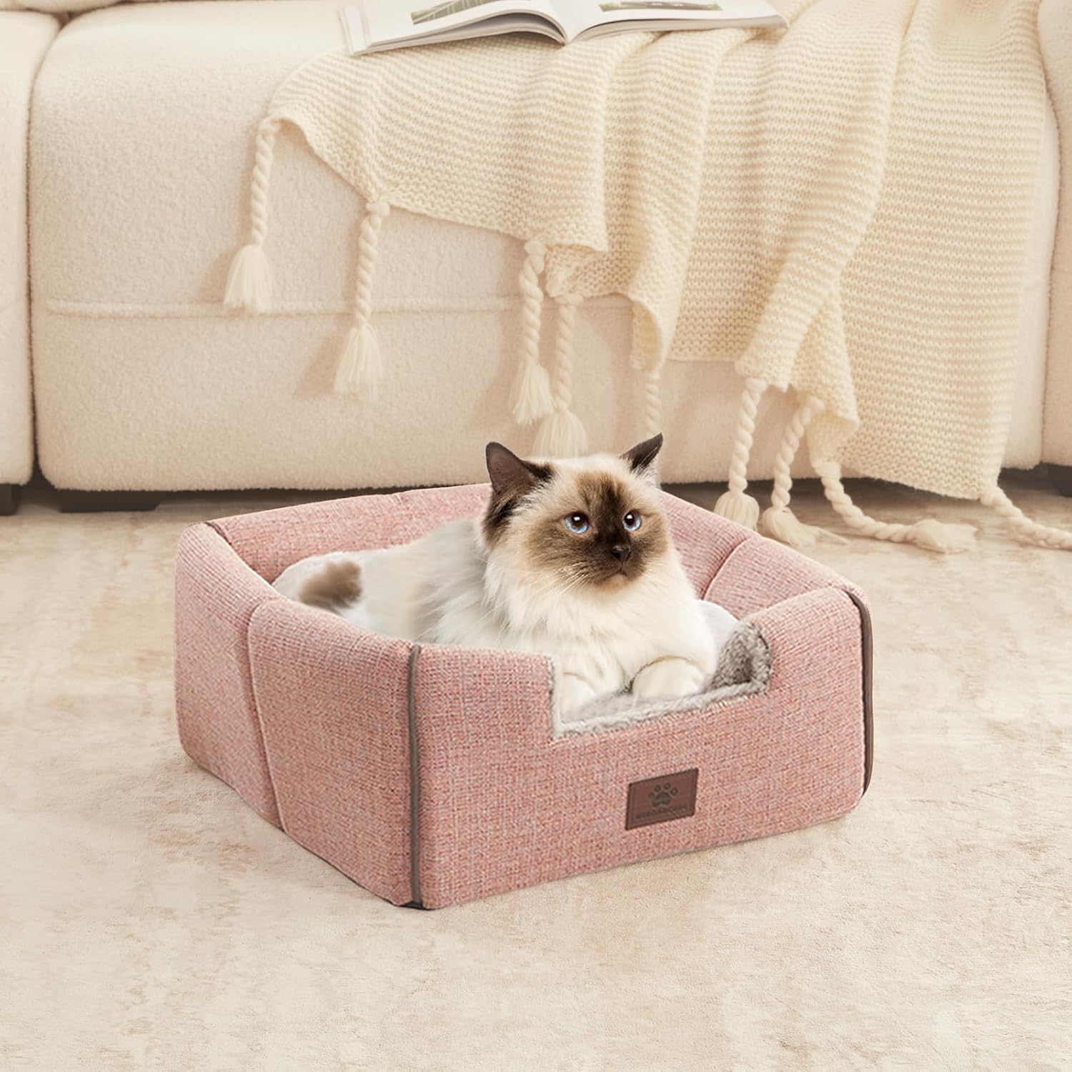 Cat Bed for Indoor Cats - Cat Cave Bed Cat House Cat Tent with Removable Washable Cushioned Pillow, Soft and Self Kitten beds,Cat Beds & Furniture, Pet Bed (Large, Pink)