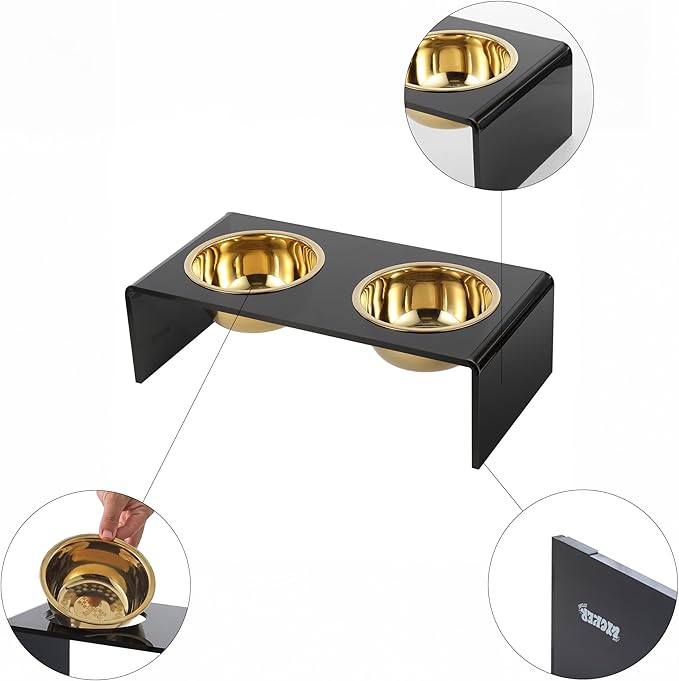 The LICKER Store DBL2000B Keaton 5" Small/Medium Modern Lucite Rectangular Elevated Pet Feeder with 20oz 2-Stainless Steel Bowls, Black/Gold