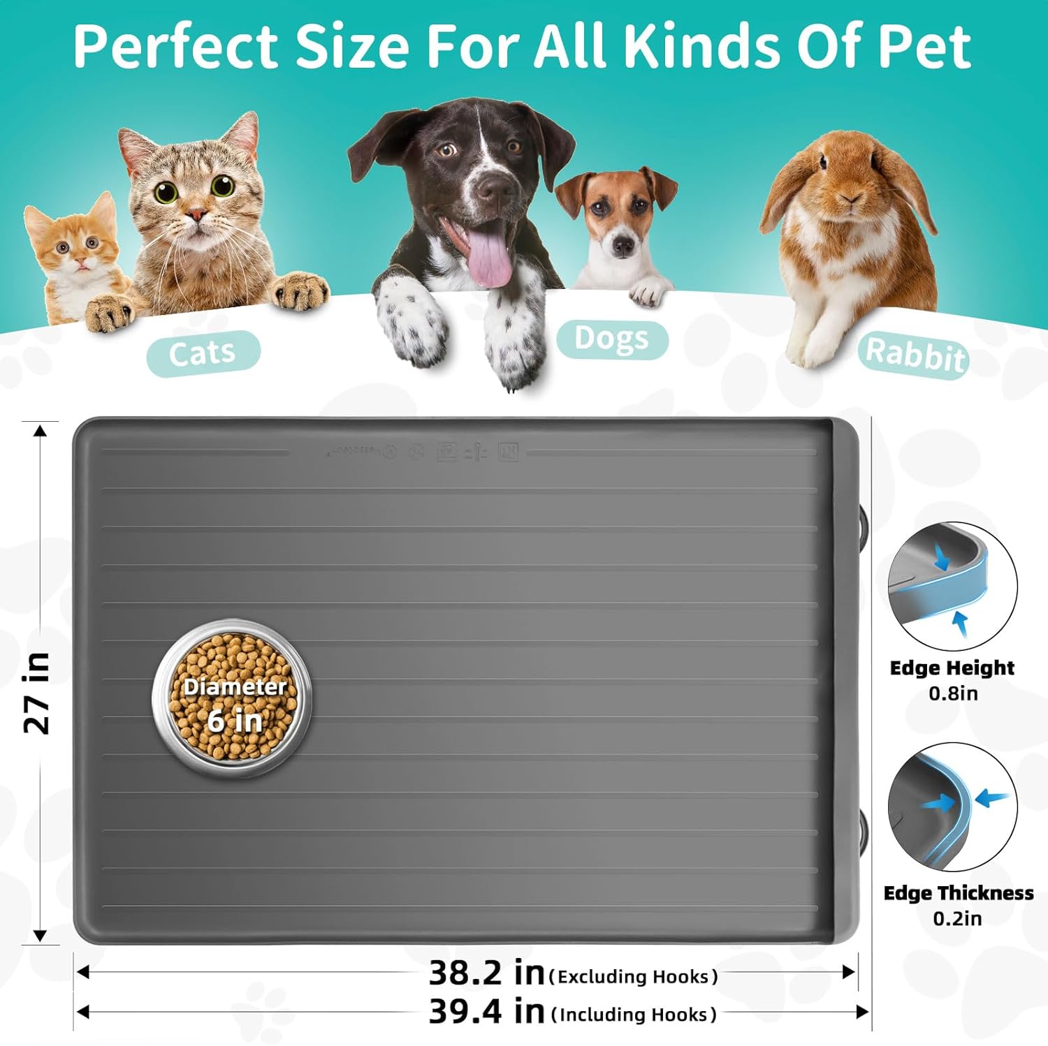Dog Mat for Food and Water - 39.4" x 27" Large Pet Feeding Mats with Residue Collection Pocket - Waterproof Dog Cat Bowl Mat with High Edges to Prevent Water and Food Spills (Light Grey)