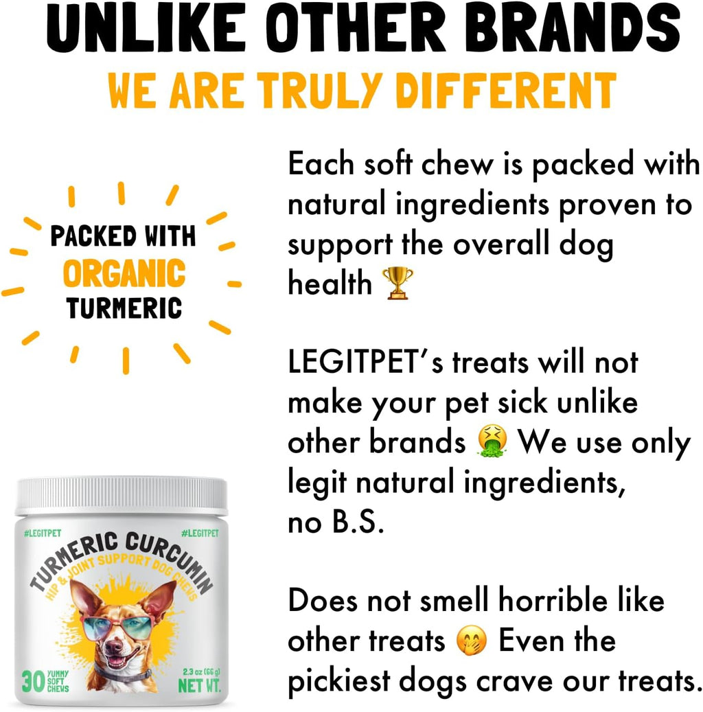 LEGITPET Turmeric Curcumin Hip & Joint Supplement for Dogs – Supports Mobility, Comfort & Overall Wellness – with Collagen & BioPerine – 30 Chews