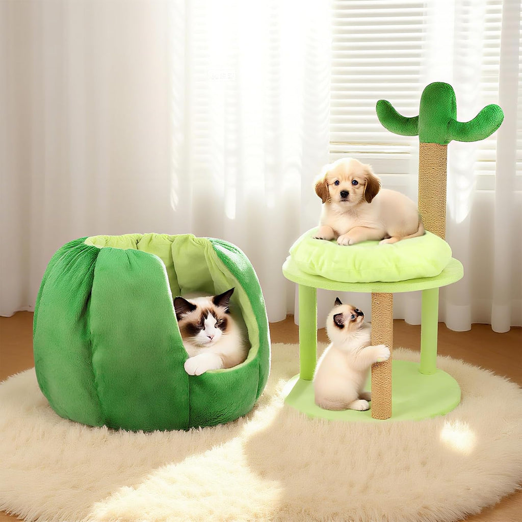 Cat Houses for Indoor Cats, Small Cat Tree with Sisal Ropes and Plush Perch, Cute Cat Bed Cave with Soft Pillow, Cactus Design