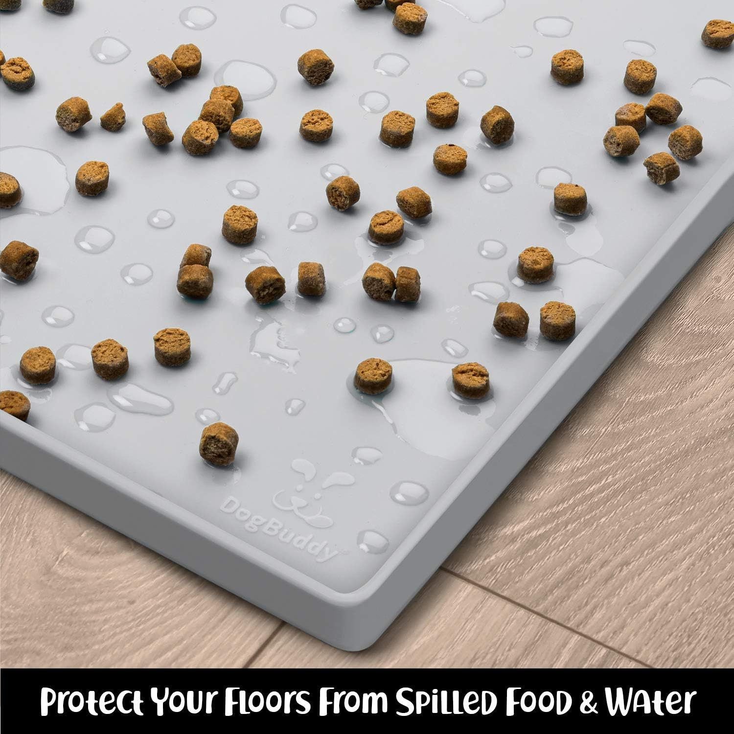 DogBuddy Dog Food Mat – Waterproof Dog Bowl Mat for Food and Water, Silicone Pet Feeding Mats for Floors, Non-Slip Placemat with High Edges for Dogs Bowls, Puppy Essentials (XS: 11" x 11", Mist)