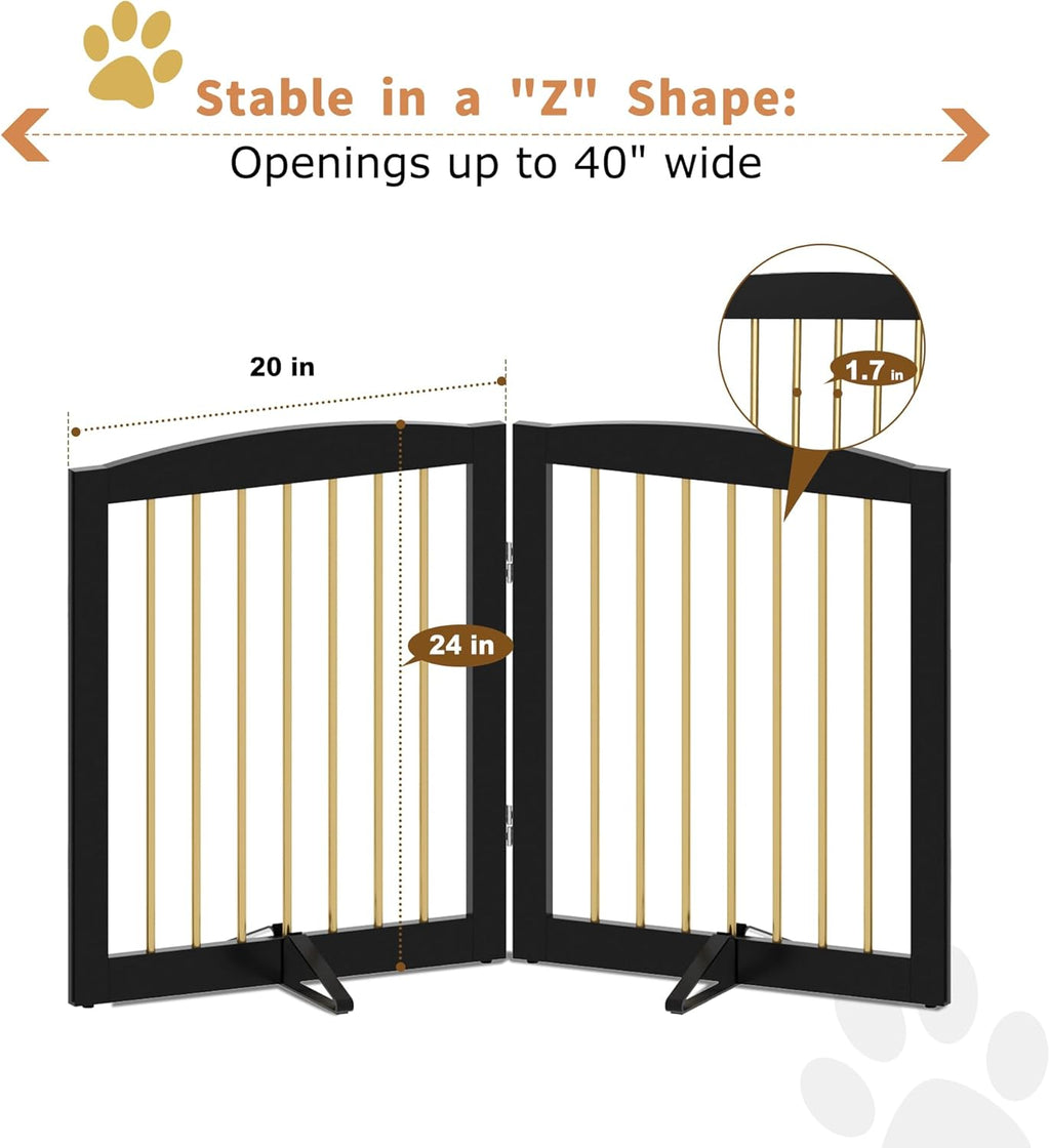 Freestanding Pet Gate for Dogs, Foldable Wooden Dog Gate for House, Stairs, Doorways, Step Over Pet Puppy Safety Fence,Support Feet Included,24" Height 2 Panels, Black&Gold