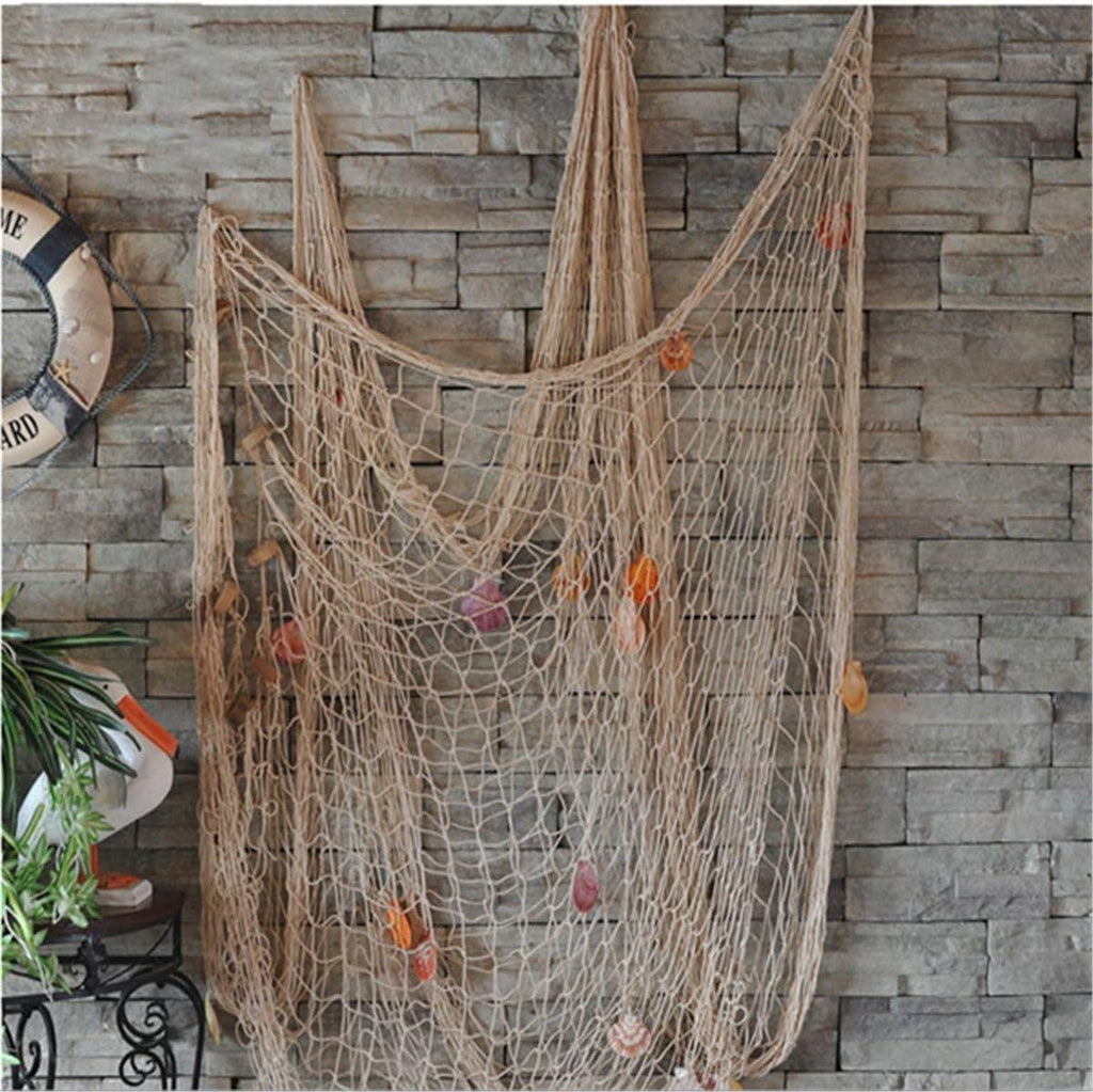 Nature Fish Net Wall Decoration with Shells, Ocean Themed Wall Hangings Fishing Net Party Decor for Pirate Party,Wedding,Photographing Decoration (Fishnet-2pack-Beige)