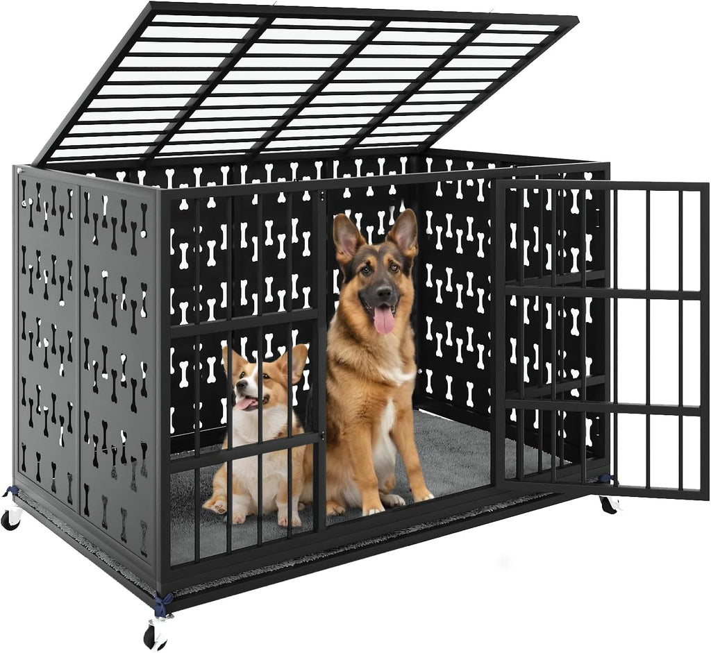 LEMBERI 48/42 inch Indestructible Heavy Duty Dog Crate, High Anxiety Extra Large Dog Cage for Large Dogs, XL Steel Escape Proof Dog Kennel with Cushion and Wheels (Black, 42.5''L*29.9''W*34.46''H)