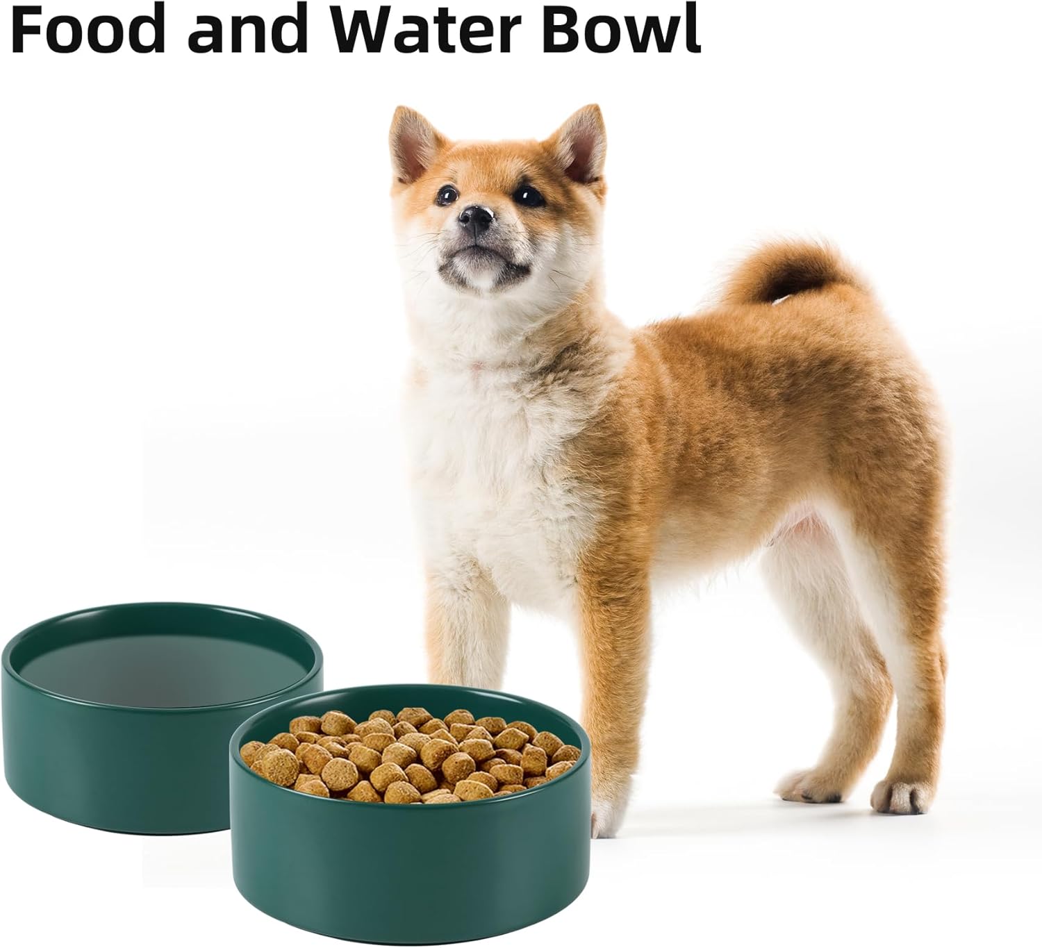 Ceramic Dog Bowl, Food and Water Bowl for Medium Breed Dog, Pet Bowl for Replacement (7.3 inch, Single Bowl, Green)