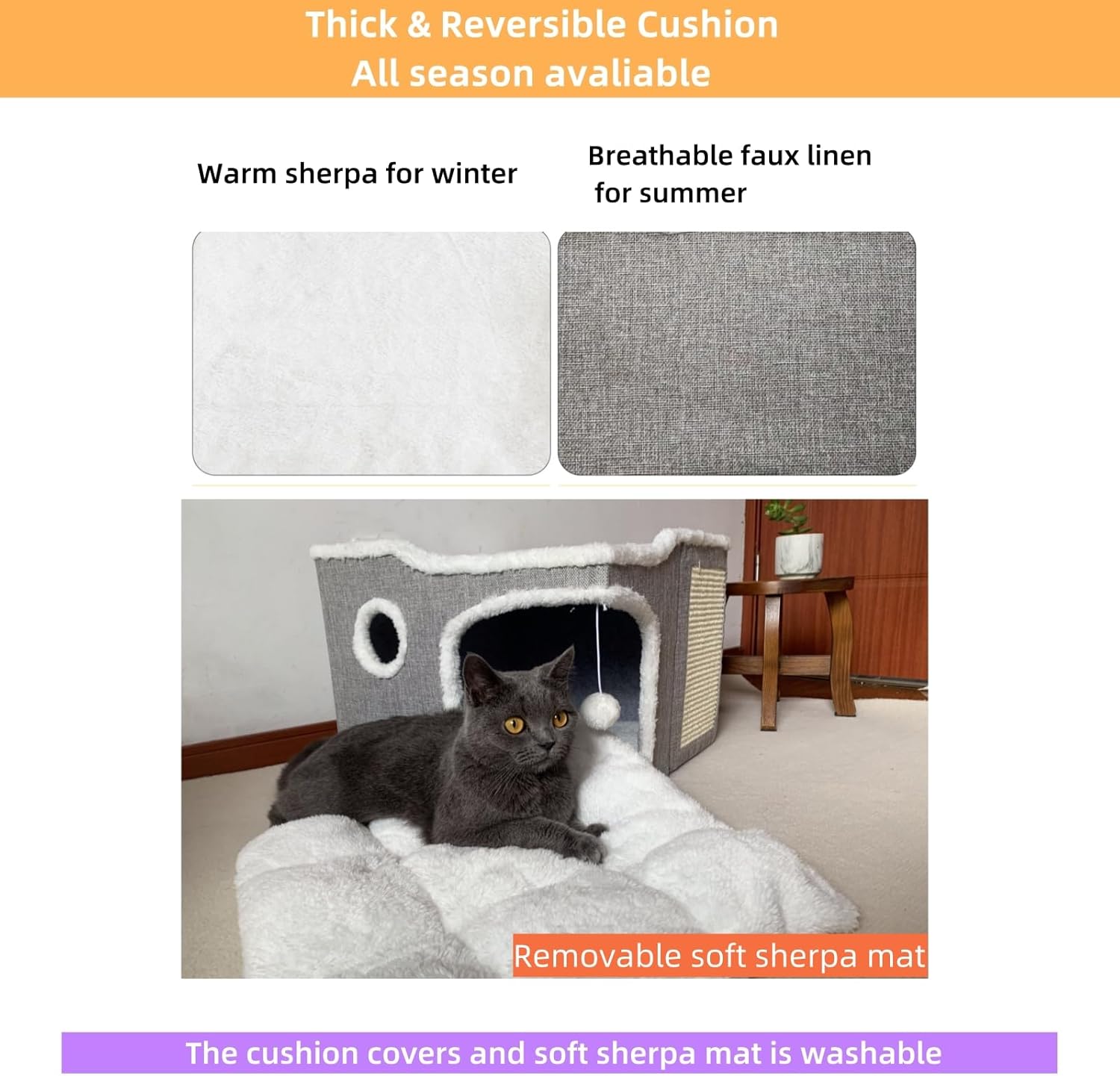 Cat Bed for Indoor Cats,Covered Cat Cave House & Furniture with Scratch Pad,Foldable Cat Hideaway Hut Cute Cat Condo with Soft Washable Mat for Multi Small Pet Under 30 lbs,Light Grey