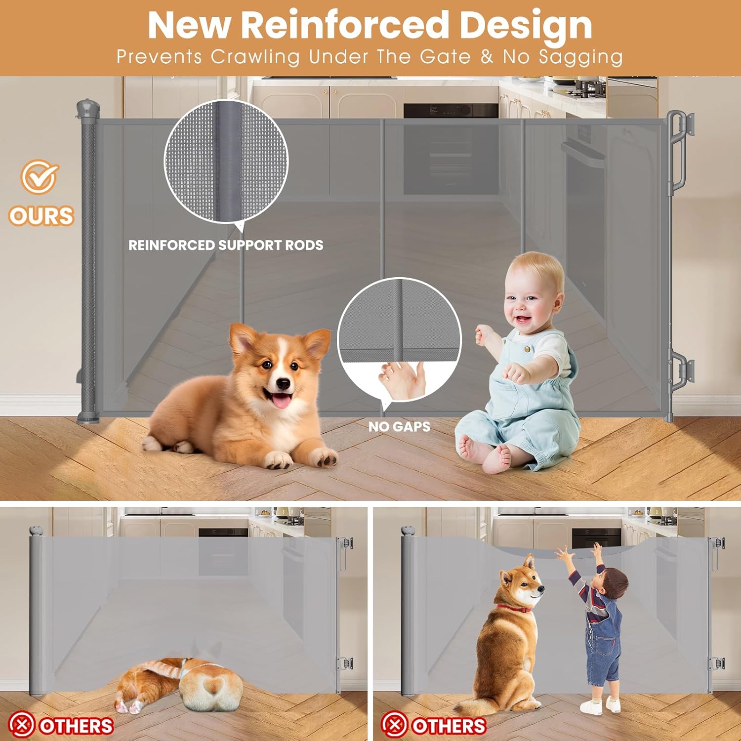 Reinforced Retractable Baby Gate, Mesh Dog Gate, Child Safety Gate for Doorways, Stairs, Hallways, Indoor/Outdoor, Wide Openings -33.5" Tall, Width up to 55" Gray