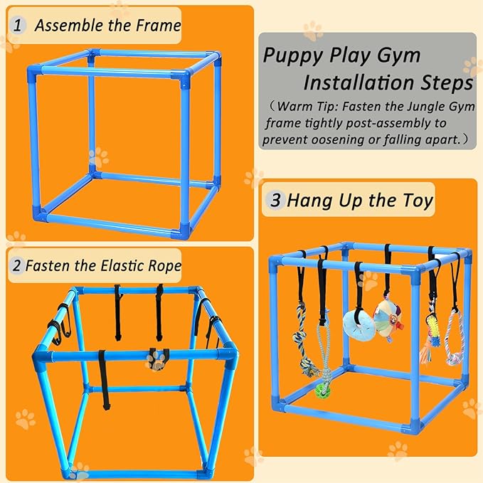 Puppy Play Gym with 8 Hanging Toys, Interactive Indoor Jungle Gym – ABS Frame with Adjustable Elastic Straps, Little Puppy Teething Chew Toys for Busy, Active Small Dogs
