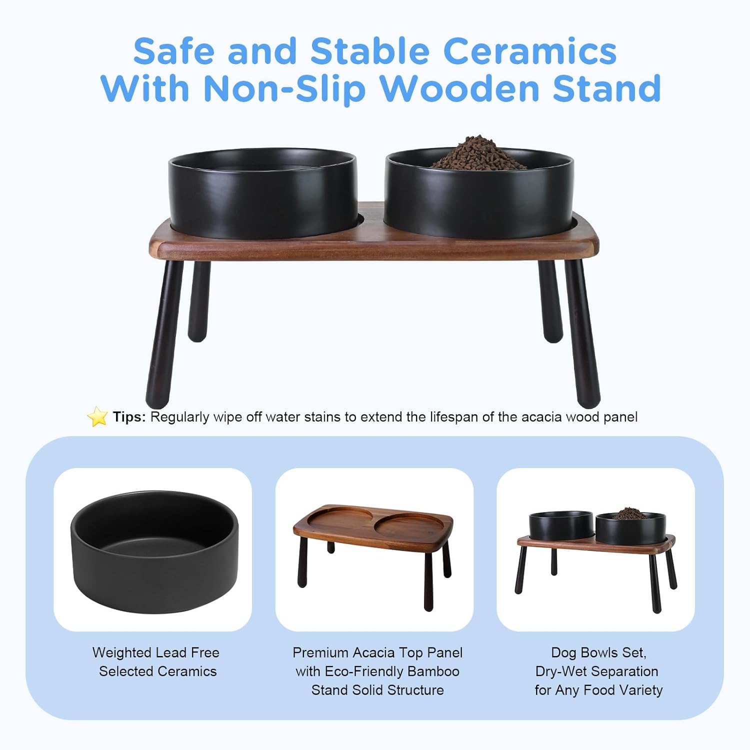 SPUNKYJUNKY Ceramic Elevated Dog Bowls Raised with Acacia Bamboo Wooden Stand, 8.3'' Dog Food Water Bowls Set Non-Slip for Medium Large Sized Breed Microwave Dishwasher Safe - 60 OZ,Black