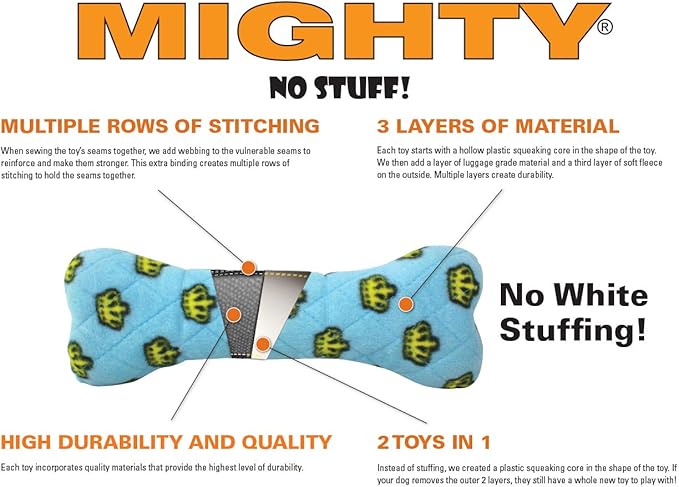 MIGHTY- NO Stuff Bone– Squeaky Plastic Core. 2-in-1 Toy. Made Durable, Strong & Tough. Interactive Play Dog Toy (Tug, Toss & Fetch). It Floats. (Blue, Medium)
