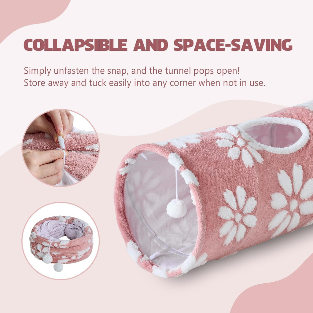 Straight Cat Tunnel for Indoor Cats 47"x12", Cute Cat Toys Collapsible Tunnel Tube with Balls for Puppy Kitten Rabbit, Pink Flower