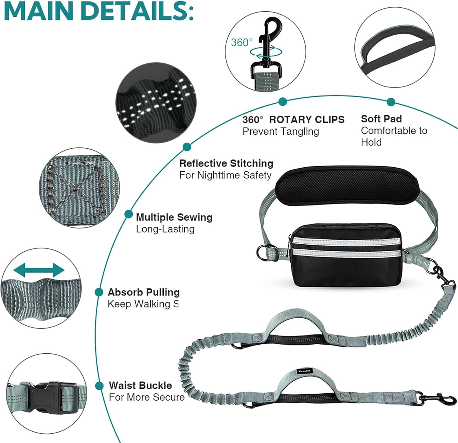 Hands Free Dog Leash with Pouch, Double Leash for Two Dogs, Retractable Bungee with Double Padded Handles, Dog Waist Leash for Dog Walking, Running Leash for Dogs, Dog Walking Accessories