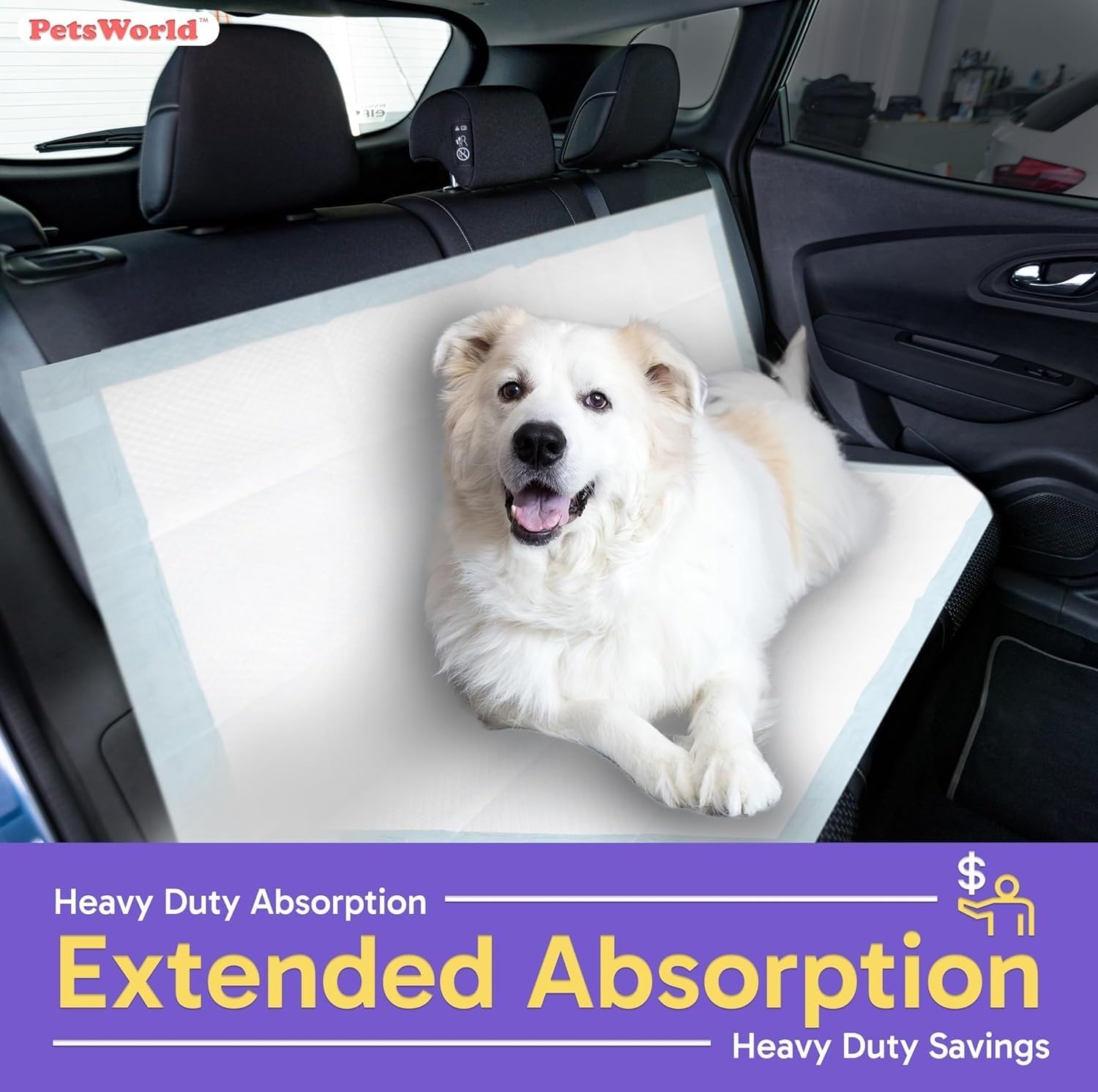 PETSWORLD Mega-Sized Dog Pee Pads (40" x 99") – 4XL Gigantic Pet Piddle Pads for Puppy Training, Incontinence – with Adhesive Sticky Tape – Leak Proof, 5-Layer Protection (80 Count)