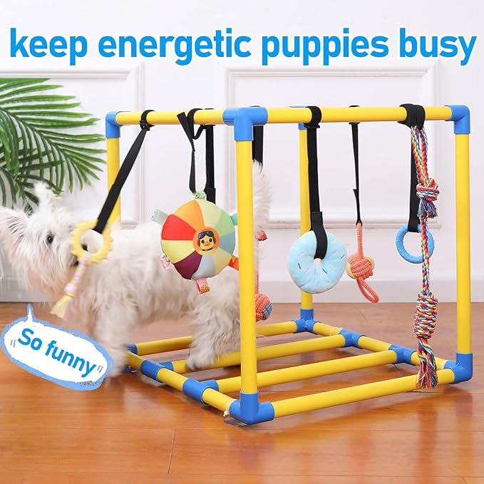 Puppy Play Gym with 8 Hanging Toys for Small Dogs Cats, 19.5 inch Indoor Puppies Jungle Playground with Suction Cups, Interactive Funny Enrichment Activity Center to Keep Them Busy, PVC Frame