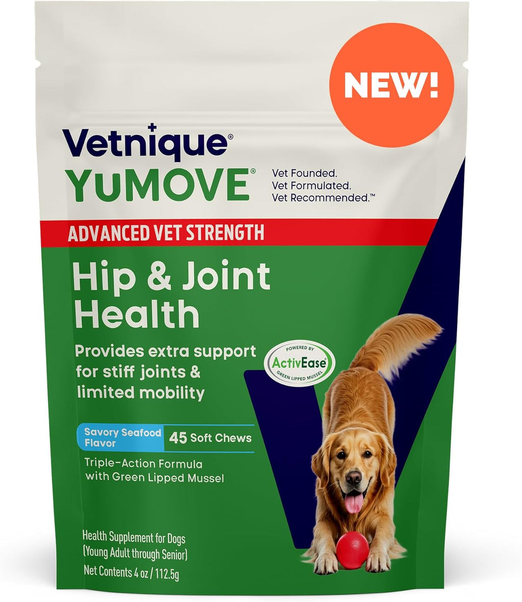 YuMOVE Hip & Joint Supplement for Dogs with Glucosamine, Hyaluronic Acid, Green Lipped Mussel & Omega 3 Joint Supplement - Regular or Advanced Strength (45ct, Advanced Vet Strength Soft Chews)