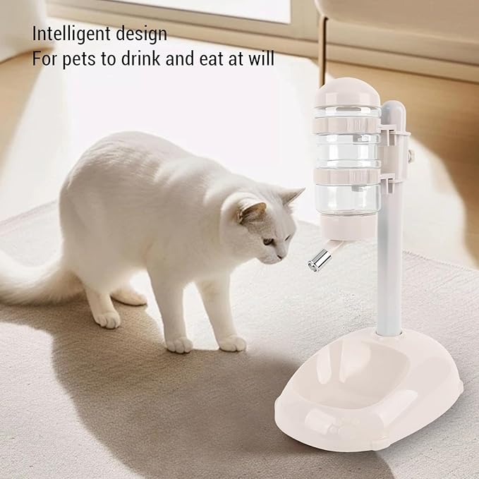 Pet Standing Water Dispenser, Height Adjustable Automatic Water Feeder Food Feeder Bowl, 500ml Dog Water Bottle Dispenser, Dog Cat Feeding Water Bowl Set (Beige)