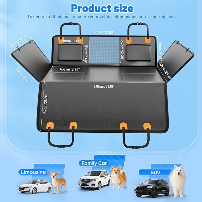 Dog Car Seat Cover for Back Seat with Hard Bottom, PU Leather Back Seat Extender for Dogs,Dog Hammock Bed for Cars, SUVs, Pet Seat Cover for Back Seat Holds 400lbs with Mesh Window & Pocket