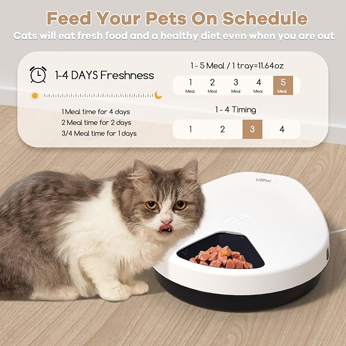 UBPET Automatic Cat Feeder Wet Food, 2025 Upgraded Refrigerated Auto Cat Feeder with Semiconductor Cooling, 4 Days Freshness 5 Meals, Pet Food Dispenser for Cats and Small Dogs, Easy to Clean