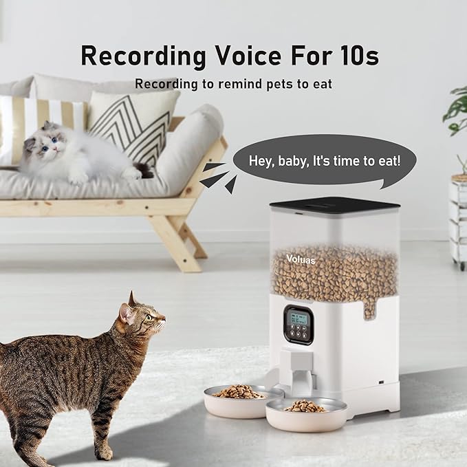 Voluas Automatic Cat Feeder for Two Cats, Double Pet Feeder with 2 Stainless Steel Bowls,6L Timed Cat Feeders with Memory Function