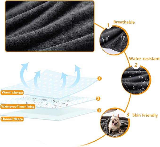 Waterproof Dog Blanket Reversible Pet Bed Cover Puppy Blankets Leakproof Sofa Couch Cover Cat Pet Blanket for Warm Fluffy Washable Grey Mat-M