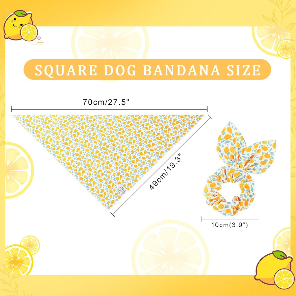 E-Clover Yellow Floral Dog Bandanas & Matching Scrunchie Set Cute Dog Scarf Bibs Pet Bandana with Bow Tie for Medium Large Dogs Owner Mom Spring Summer