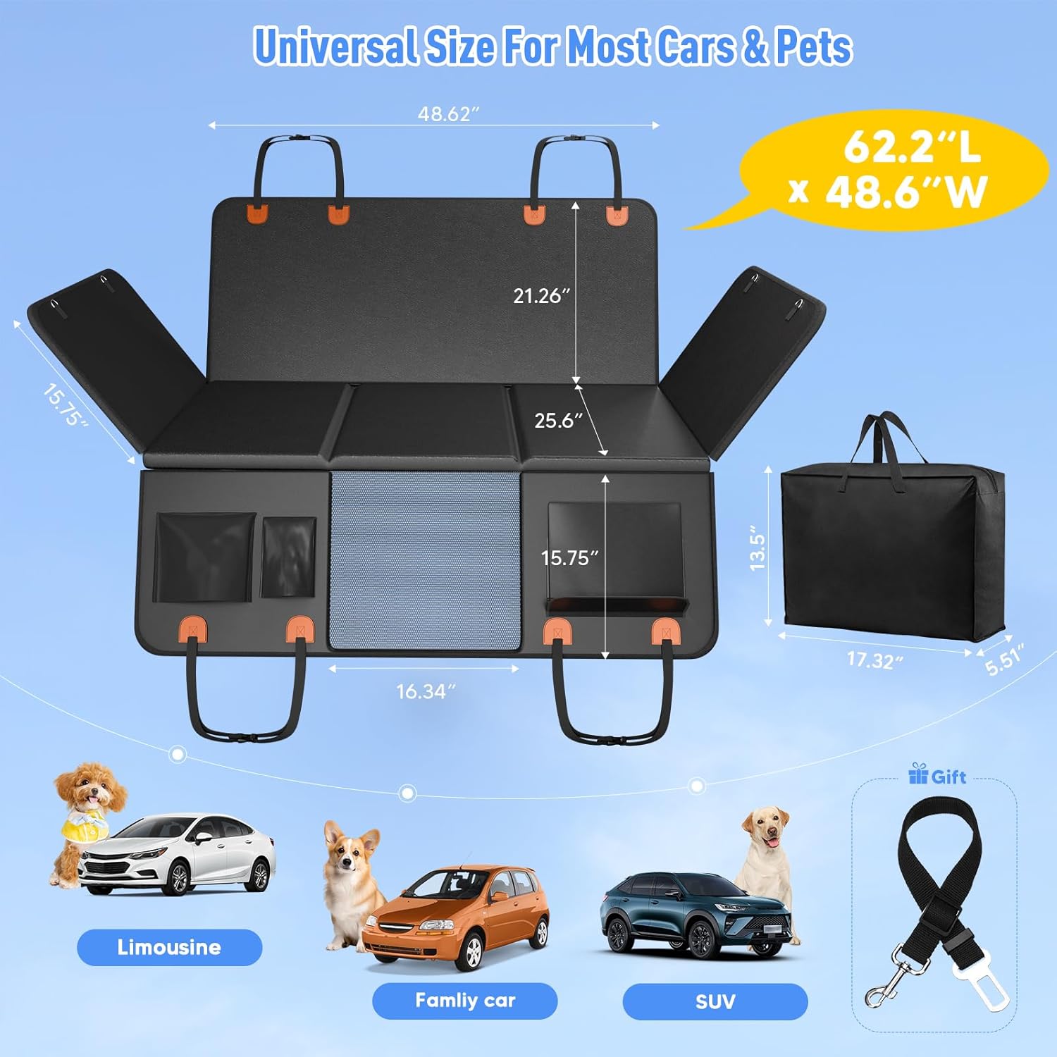 Back Seat Extender for Dogs, Dog Car Seat Cover for Back Seat with Hard Bottom,Waterproof Hammock for Car Pet Backseat Protector,Upgraded PU Leather Material for Car & SUV(Holds 400lbs)