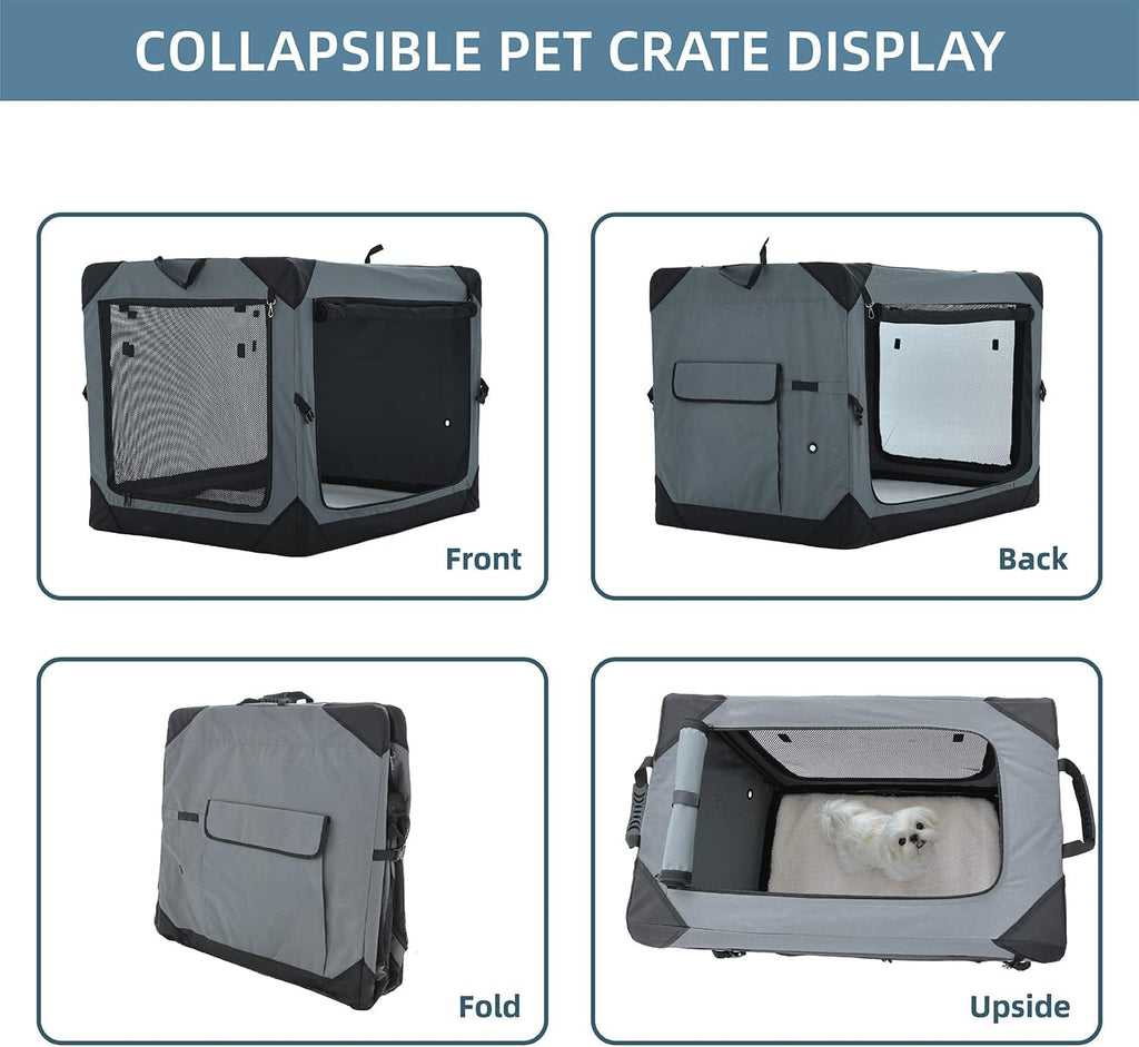 Pettycare 36 Inch Collapsible Crate for Large Dogs, 4-Door Foldable Soft Kennel with Chew Proof Mesh Windows for Indoor & Outdoor Travel