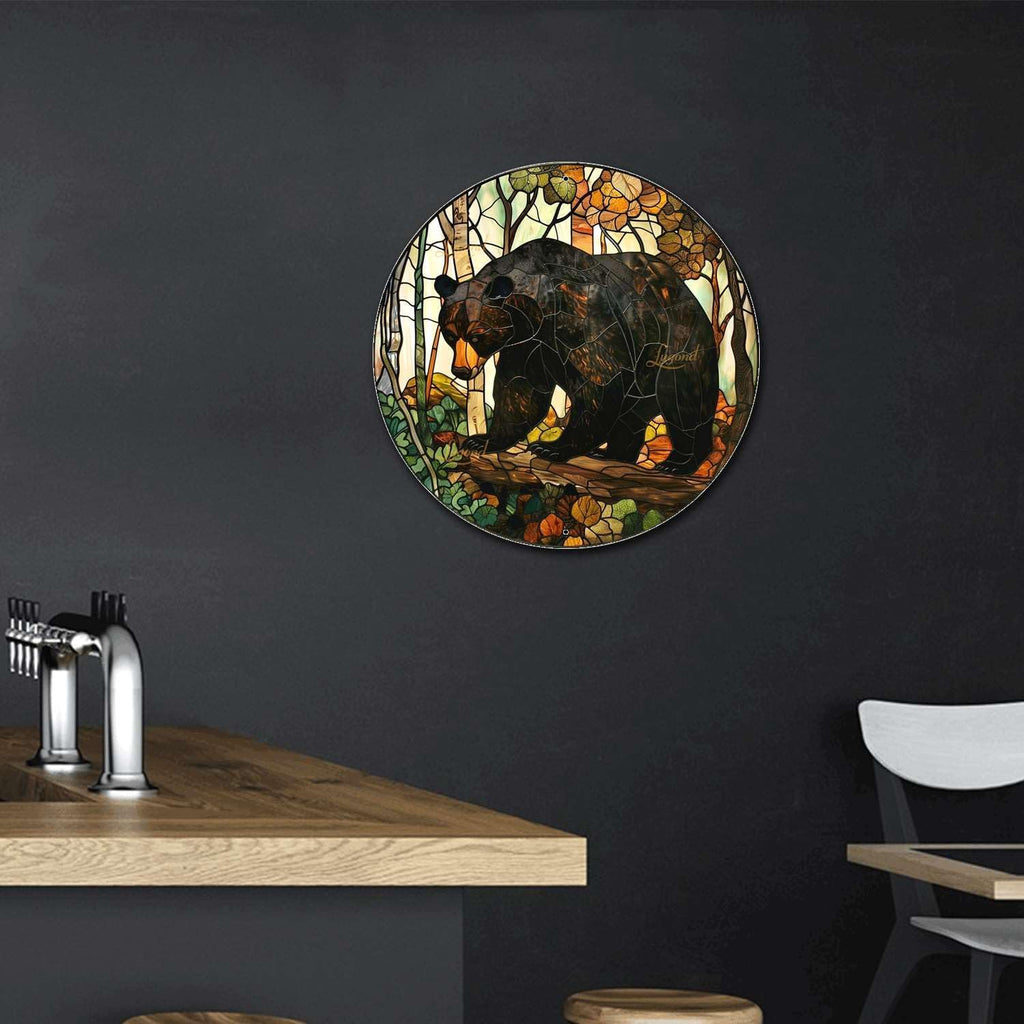 Lygond Metal Sign Tin Sign Circular Stained Glass American Black Bear Funny Outdoor Decor for Gift 12×12 Inches