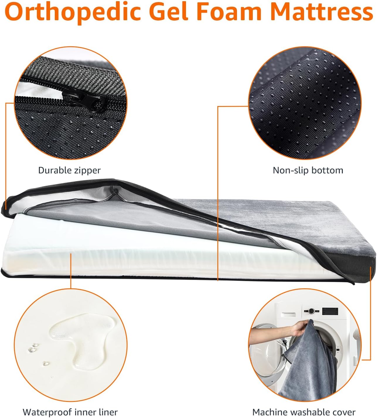 Amazon Basics Dog Bed with Cooling Gel Memory Foam, Pressure-Relief Support for Dogs up to 120lbs, Non-Slip Bottom, Machine Washable Cover, Giant Sized (50" x 34"), Grey