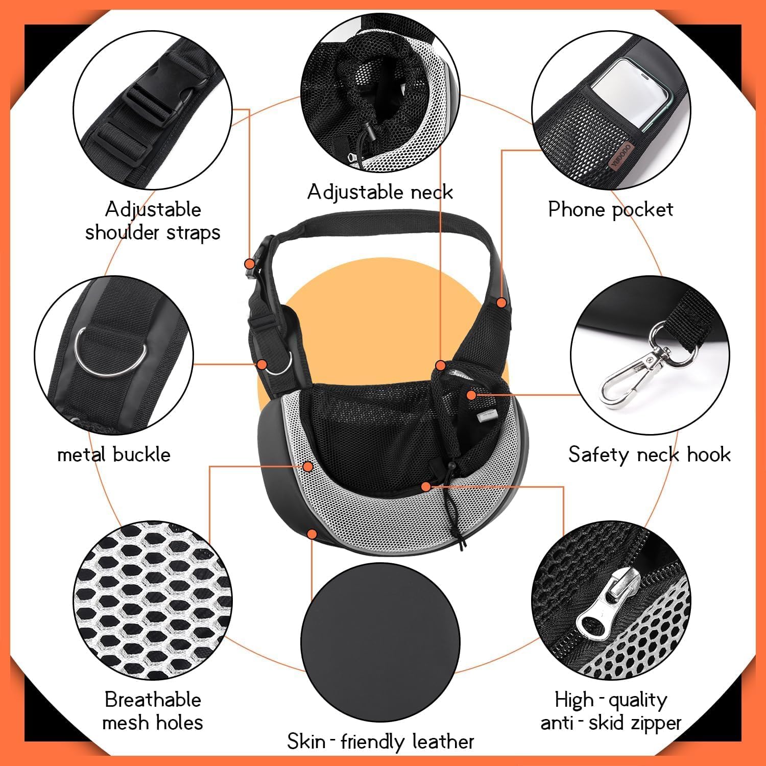 YUDODO Pet Sling Carrier for Small Dogs & Cats – Hands-Free Puppy Carrier with Safety Hook, Large Zipper Pocket, Soft Breathable Mesh, Adjustable Strap & Reflective Strip (Gray 3.0 S)