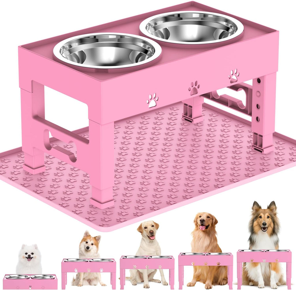 Elevated Dog Bowls with Mat, Raised Dog Food Bowl Stand with 2 Stainless Steel Bowls, 5 Height Adjustable (3.1", 9", 10", 11", 12") Non-Slip Feeder Set for Medium and Large Dogs – Pink