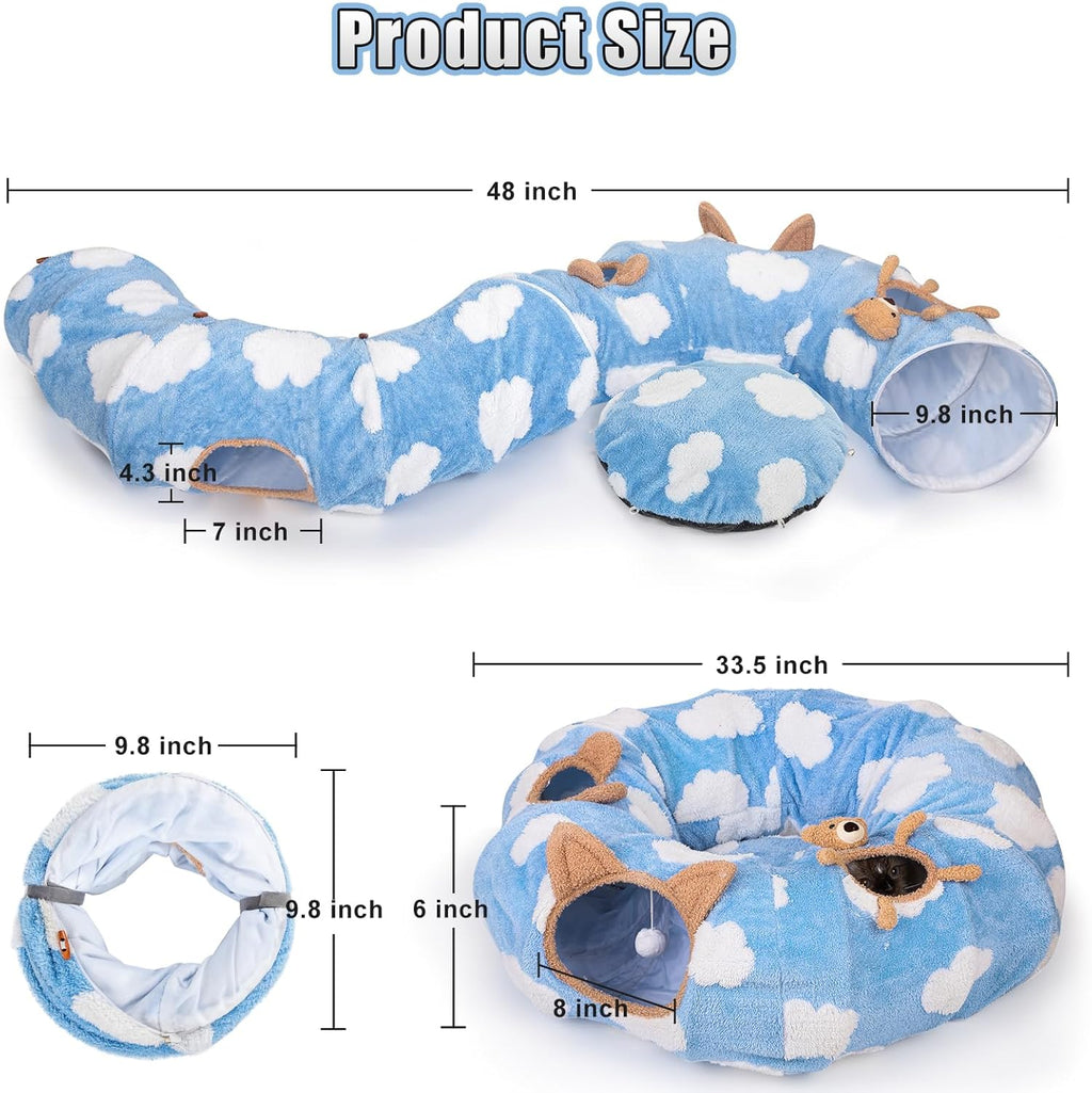 Cat Tunnel Bed, Cat Tunnels for Indoor Cats with Washable Circle Cushion, Multifunctional Peekaboo Cat Cave Donut Tubes Tunnel for Cat Kitty Kitten Puppy Rabbit Ferret (Sky Blue)