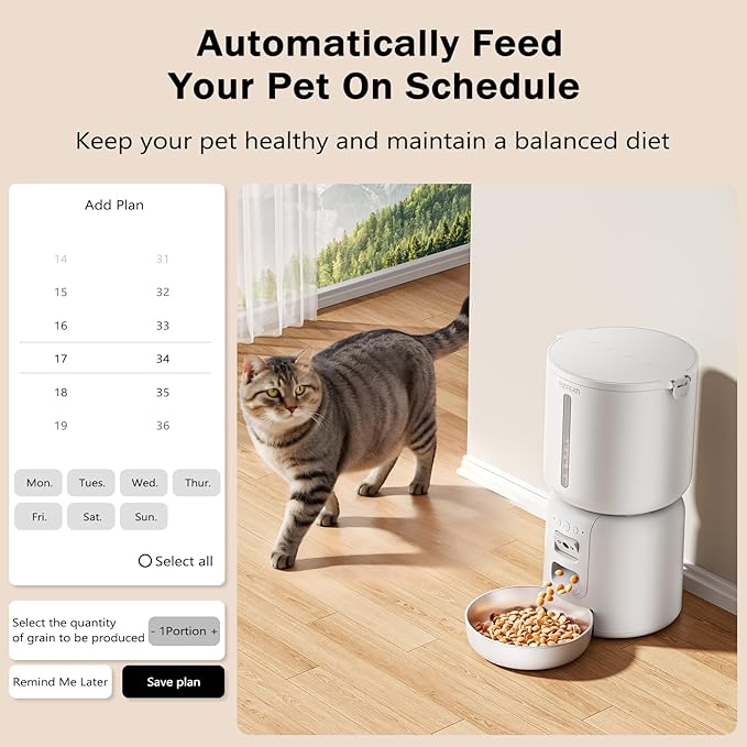 Automatic Cat Feeder with Camera, 4L Automatic Pet Feeder, Dual Power Supply, Smart Cat Food Dispenser with 2MP Night Vision & Two-Way Audio for Cats and Small Dogs, White