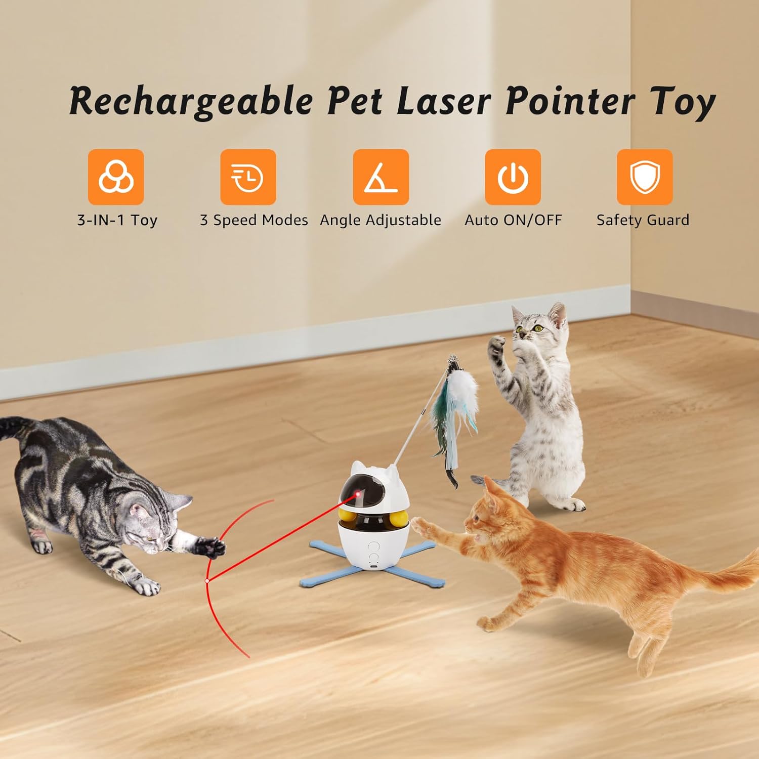 Nobleza 3-in-1 Cat Laser Toy with Feather Trackball, Rechargeable Pet Interactive Pointer Red Light Game, 3 Modes Random Trajectory Motion Activated Boredom Buster for Cat Self Play Home Indoor